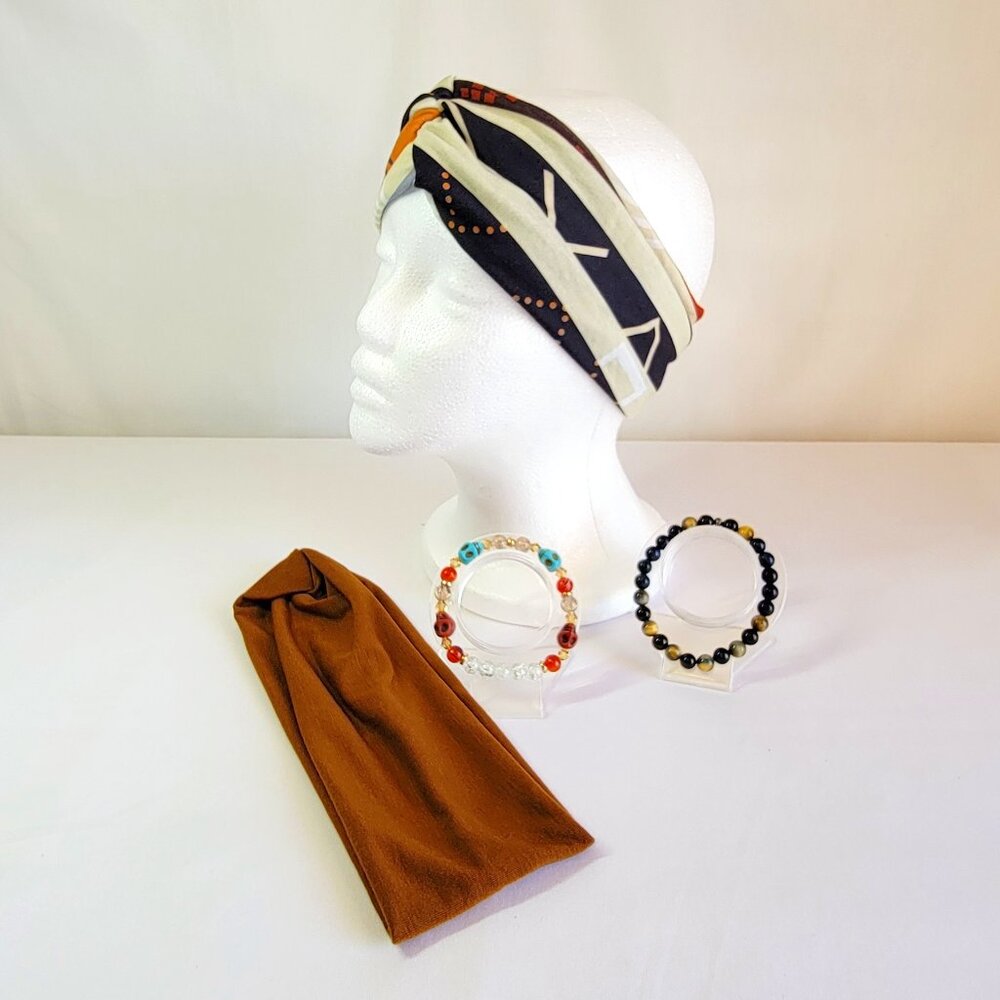 Multicolor And Brown Boho Headbands With Matching Bracelet Sets, Womens Size M